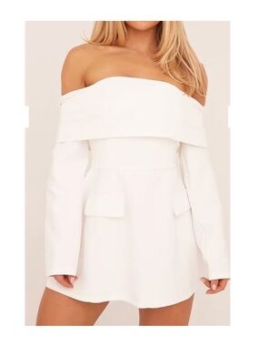 EGO Mini Dress Fold Over Neck Long Sleeve  Bardot Size US6 White